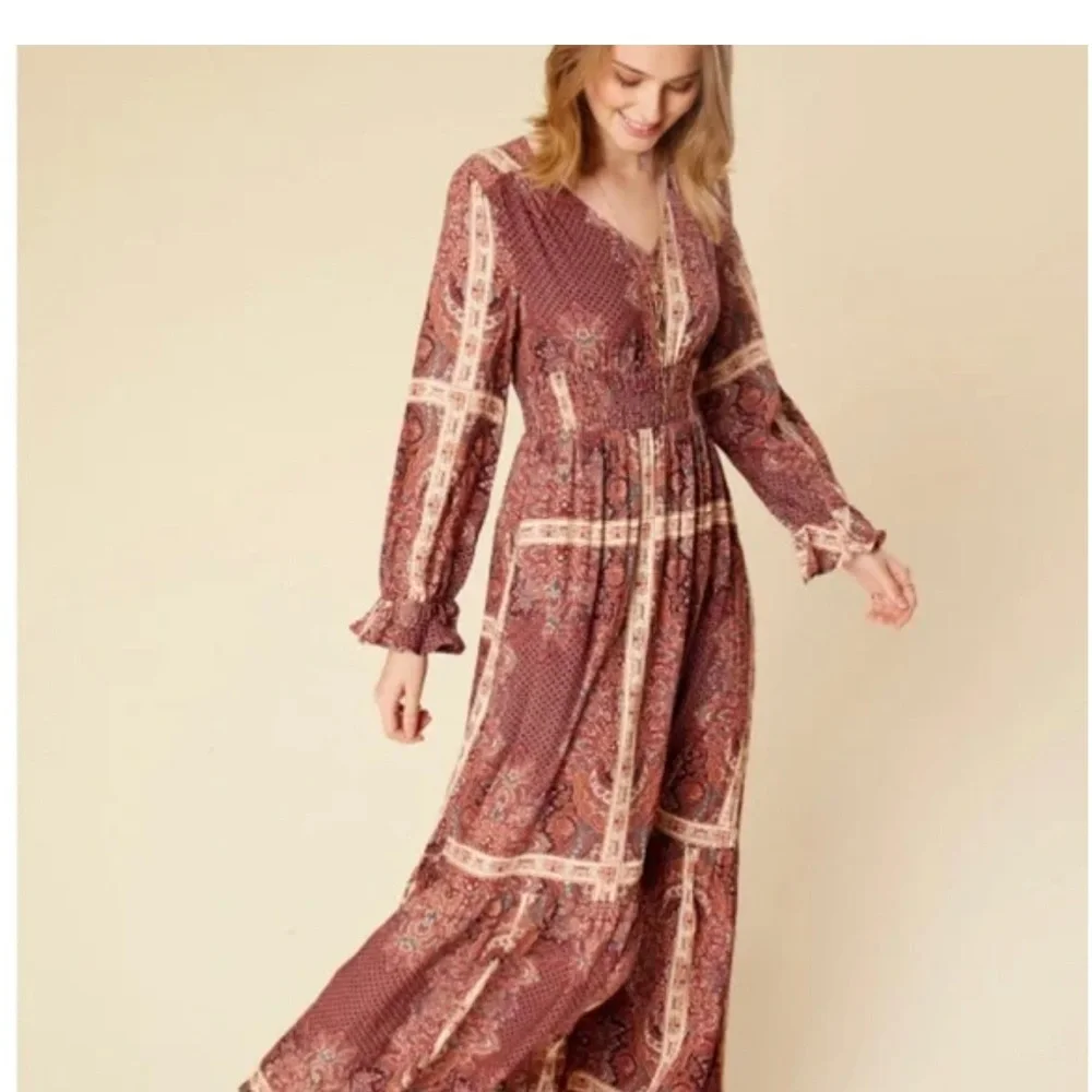 Altar'd State Burgundy and Cream Long Sleeve Dress - Picture 2 of 6